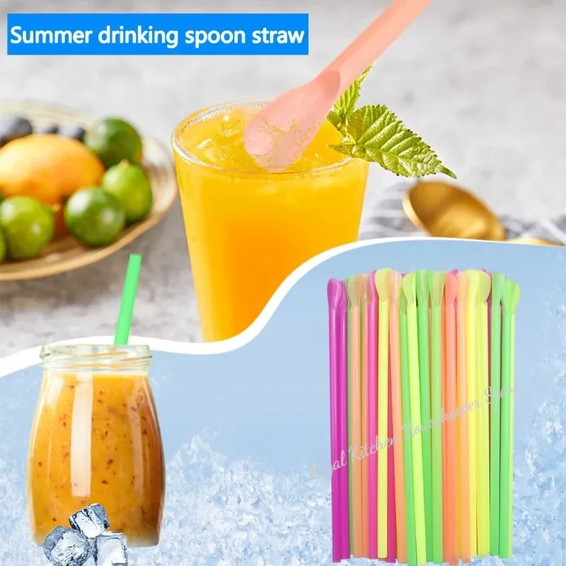 50/100Pcs Plastic Spoon Straws Drinking Straw Color Milkshake Smoothie Spoon Straw for Bar Birthday Party Supplies Wholesale