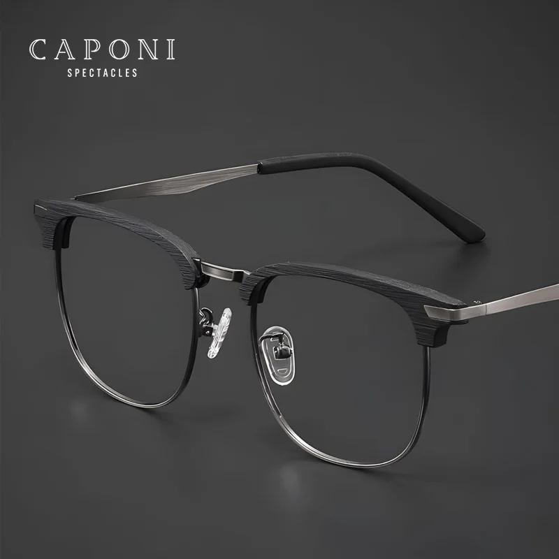 CAPONI 2024 Acetate Glasses Frame For Men Square Fashion Wood Grain Vintage Eyeglasses Original Brand Designer Spectacles J3543