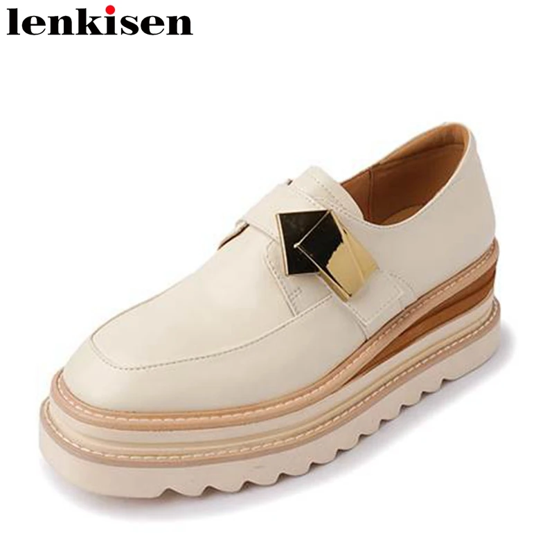 

Lenkisen Superstar Cow Leather Spring Brand Shoes Metal Decorations Thick High Heels Beauty Lady Slip on Sweet Brand Women Pumps