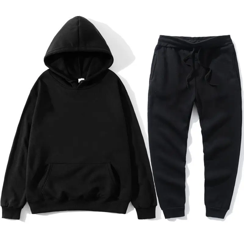 Men Drawstring Hoodie Kangaroo Pocket Top Drawstring Cuffed Jogger Pants Two Piece Tracksuit Set