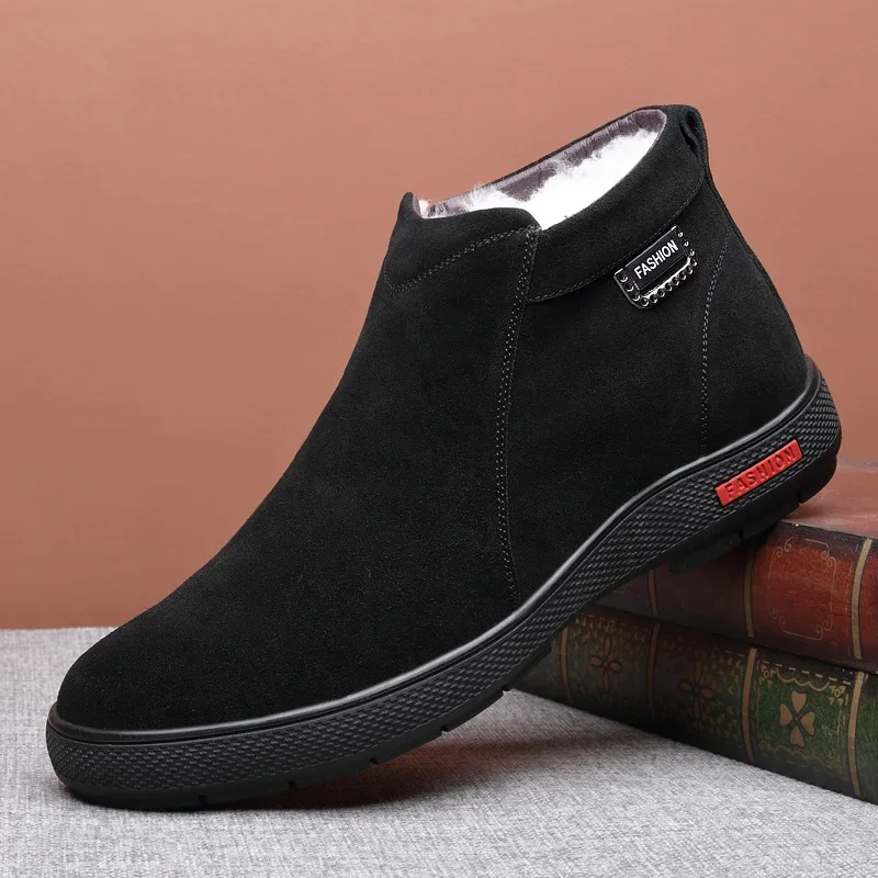 Inverno novas botas masculinas quentes de camurça de pelúcia couro sapatos casuais botas de neve ao ar livre