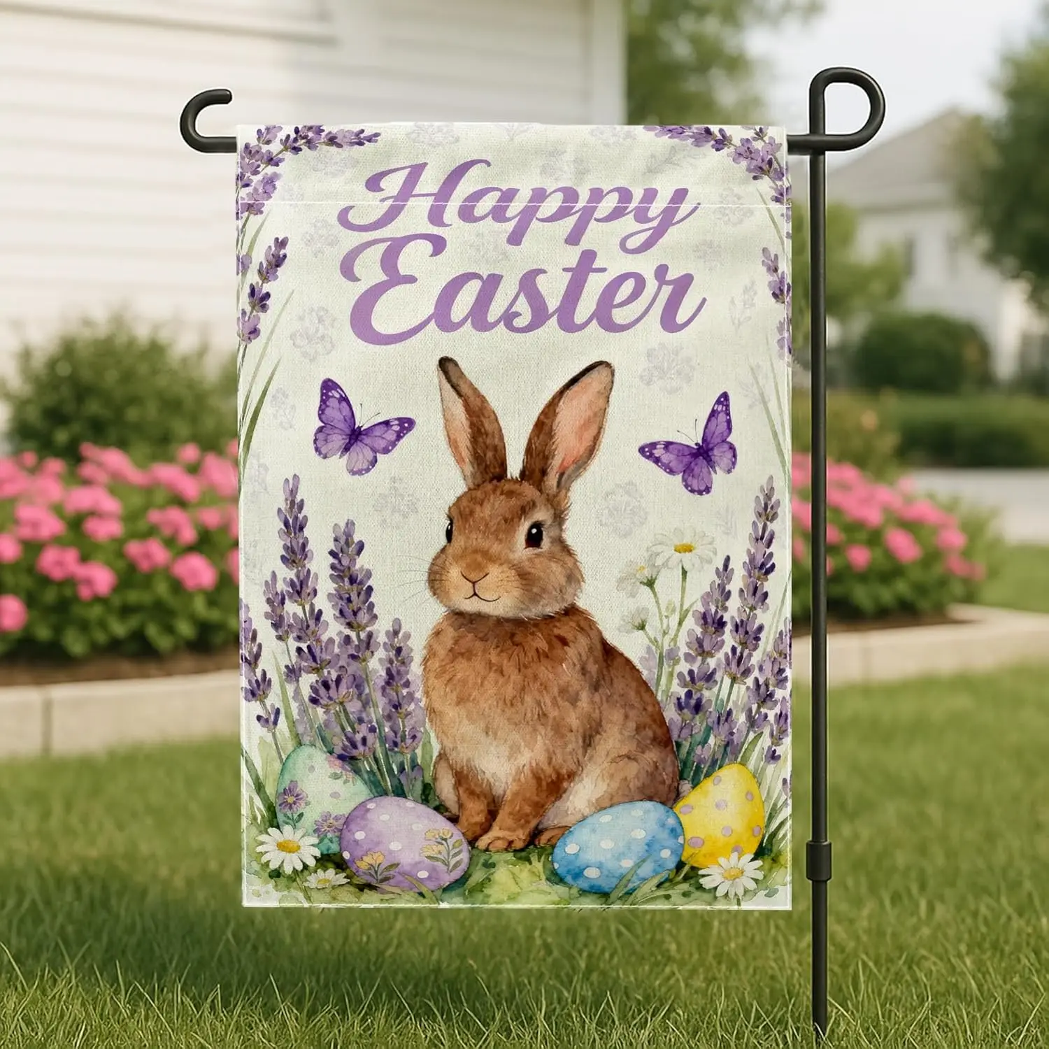 Rabbit Garden Flag, Spring Festive Lavender Butterfly Easter Violet Double Sided Burlap Small Garden Yard Flag for Outdoor F PPM