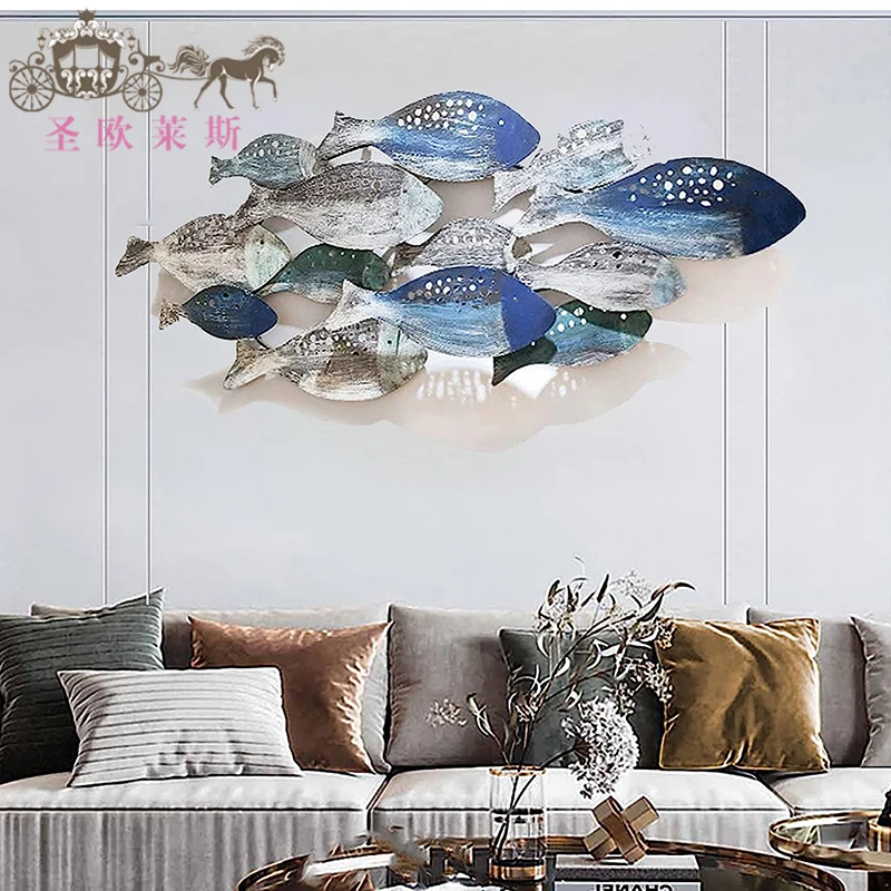 Coastal Ocean Hand Painted Metal Fish Living Room Wall Decoration Bedroom Large Mediterranean 3D Fish Dining Room Wall Sculpture