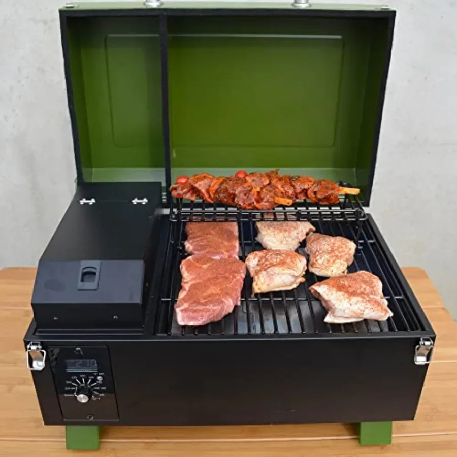 Portable Electric Start Wood Pellet Grill for outdoor cooking, stainless steel construction, black finish, fast ignition and pr
