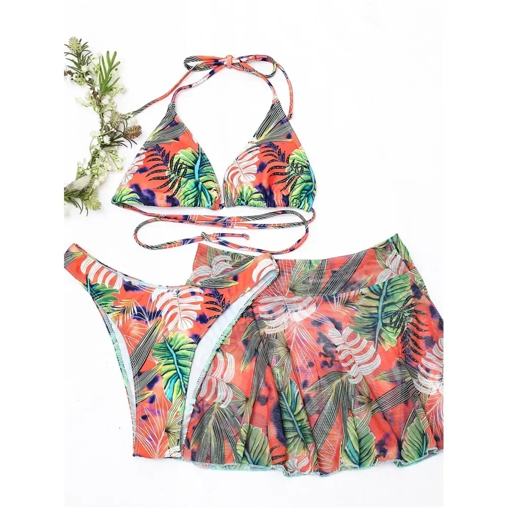 Tropical Print Bikinis Sets Swimwear Women String Backless Swimsuit Skirt 3 Piece Beach Outfit Bathing Thongs Bikinis Sets Mujer