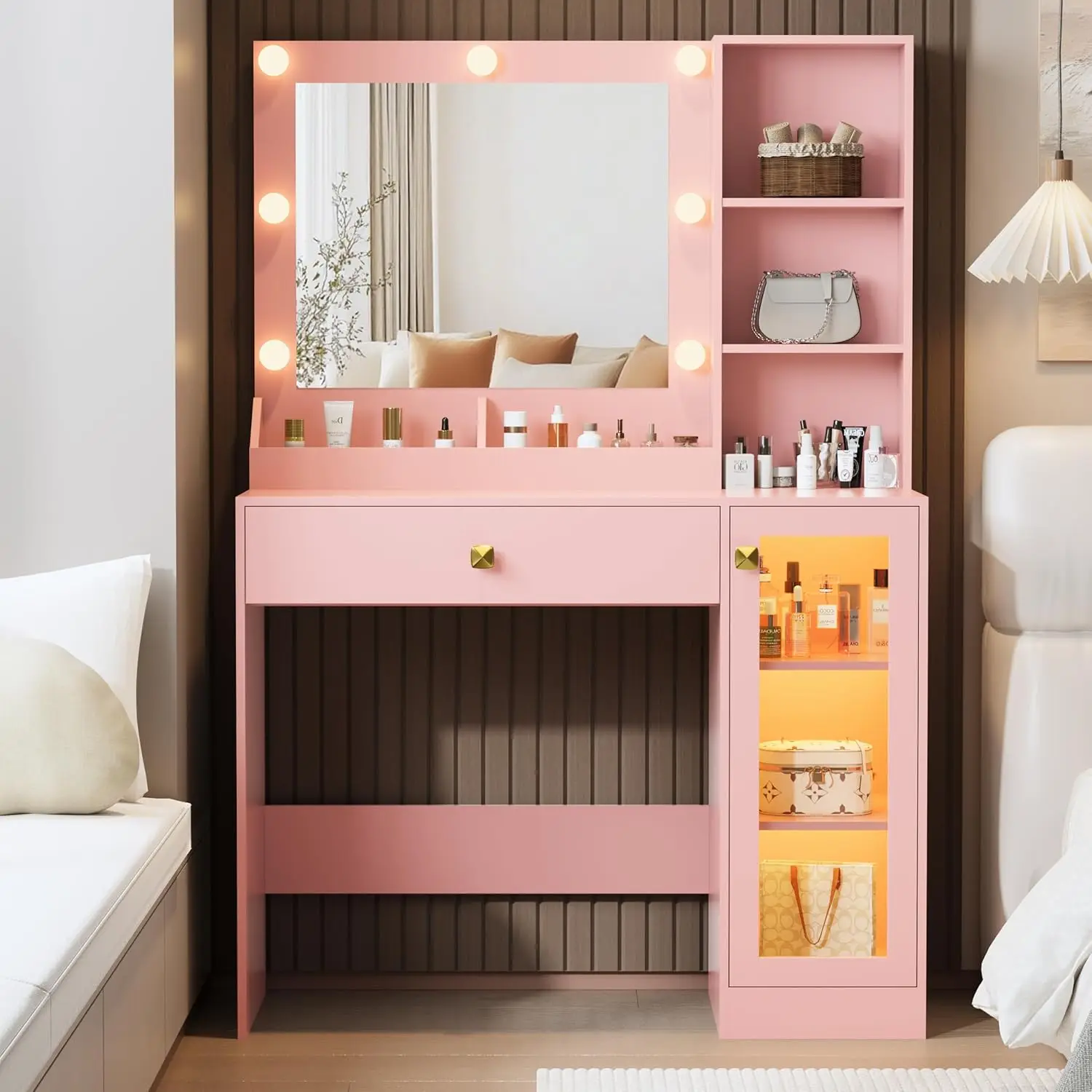 Bedroom Makeup Vanity, with 34''W, Charging Station, RGB Glass Cabinet, 3 Color Lighting Modes and Adjustable Brightness view 6