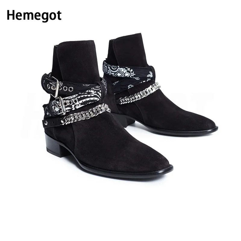 

Metallic Chain Double Buckle Men's Boots Chelsea Boots Men's British Style Men's Boots Leather Ankle Booties Males Botas