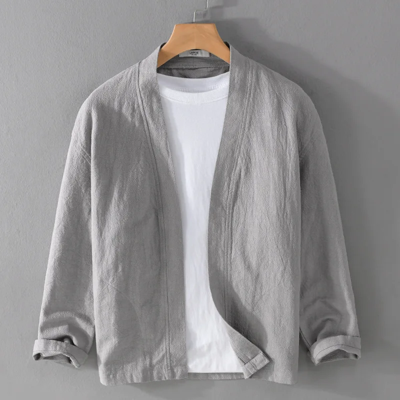 Men's Casual Linen Long Sleeve Shirt Cape Jacket Chinese Style CleanFit Waist-Cinching PU Leather 3D Effect  Neck