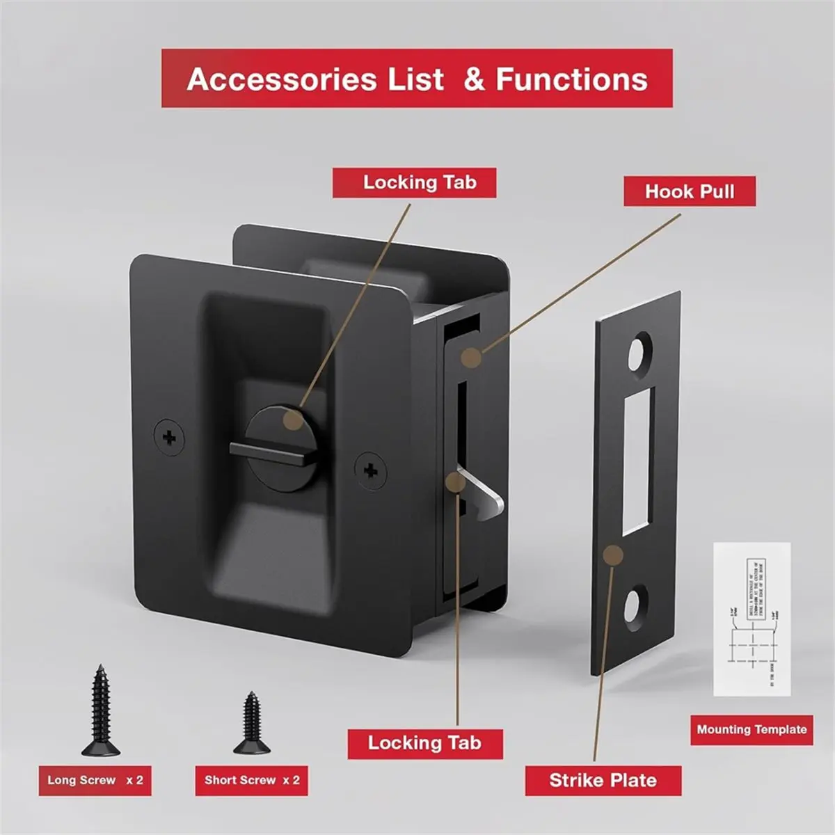 Utility Design Matte Black Pocket Door Lock, 2-Pack Privacy Pocket Door Hardware, 2-3/4''X2-1/2'', for 1.38''-1.77'' Thickness D