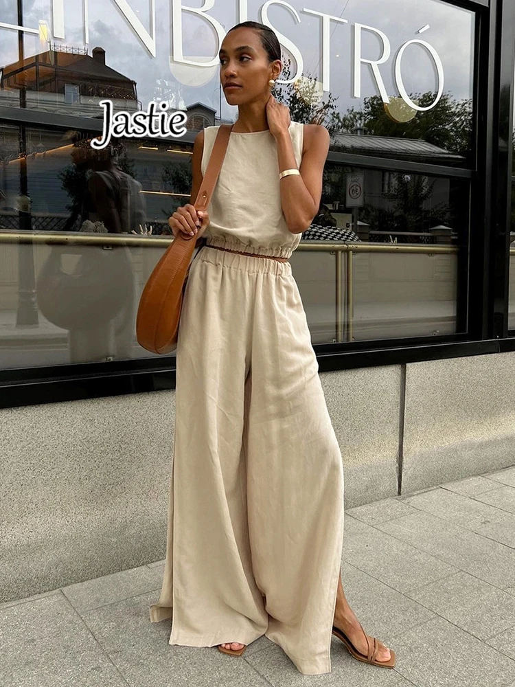 

Jastie Khaki Cotton Linen Pants Suit Vacation 2024 Summer Sleeveless Tops + Split Long Pant Two Pieces Sets Office Ladies Outfit