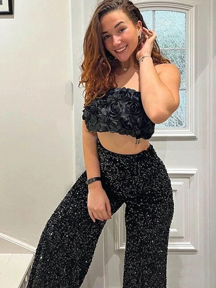 Sequin Women Wide Leg Pants Fashion Midi Waist Loose Long Pants for Party Club Streetwear Trend Spring Summer Female Trousers