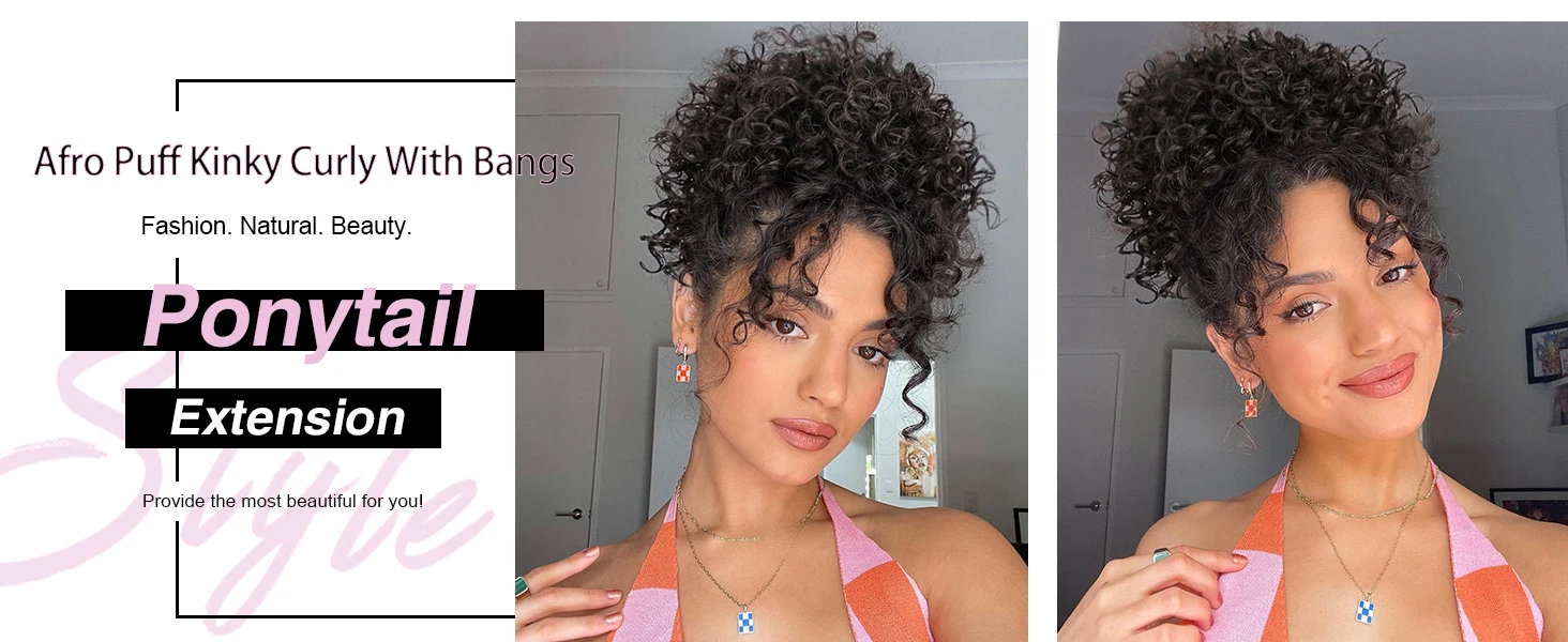 Afro Puff verworrene lockige Haare Hochs teck frisur Pferdes chwanz Verlängerung mit Pony Kordel zug Pferdes chwanz für Frauen schwarz, synthetisches Haar Pferdes chwanz – Detail 1
