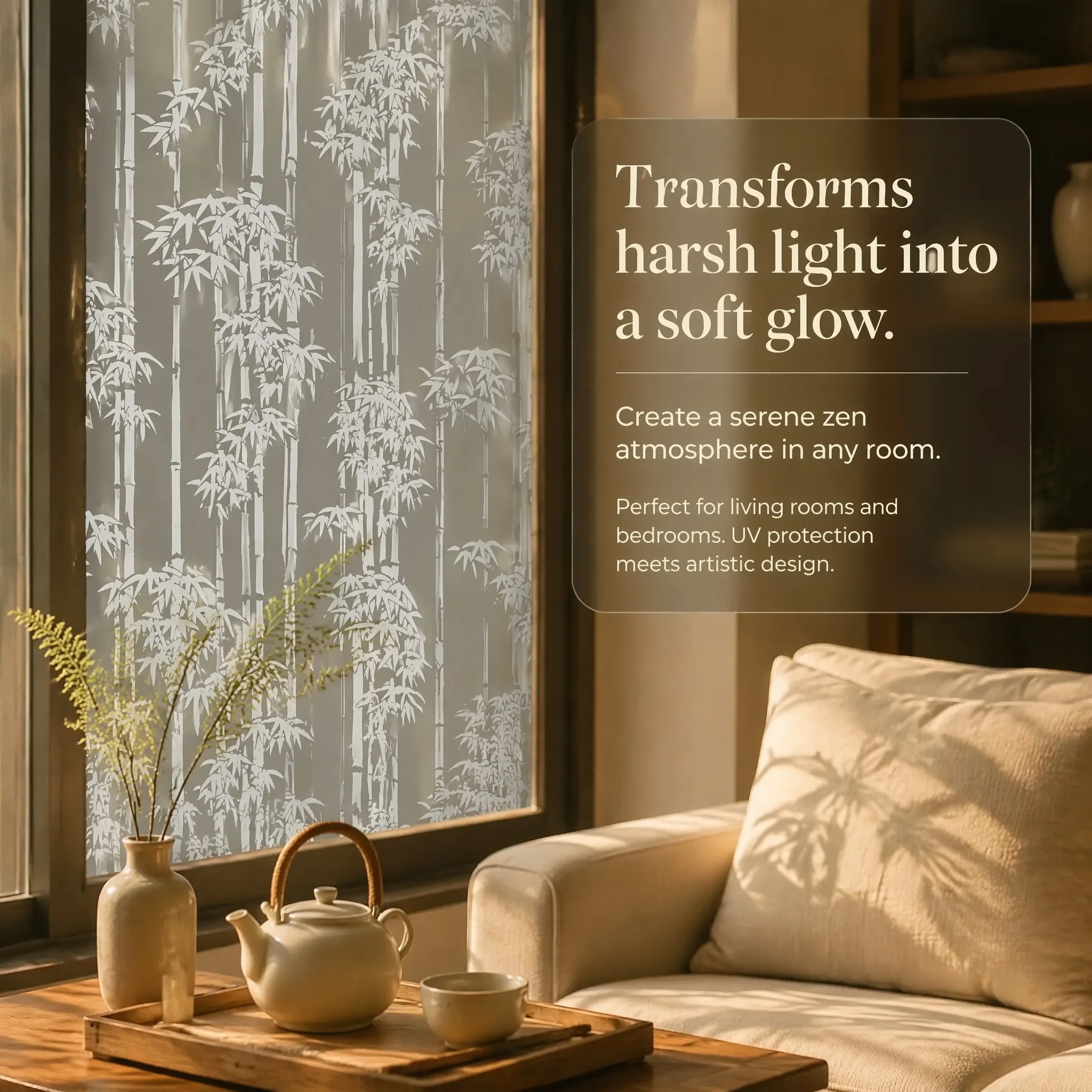 Zen Bamboo Frosted Self-Adhesive Window Film Privacy Decorative Film for Home Office Decorations