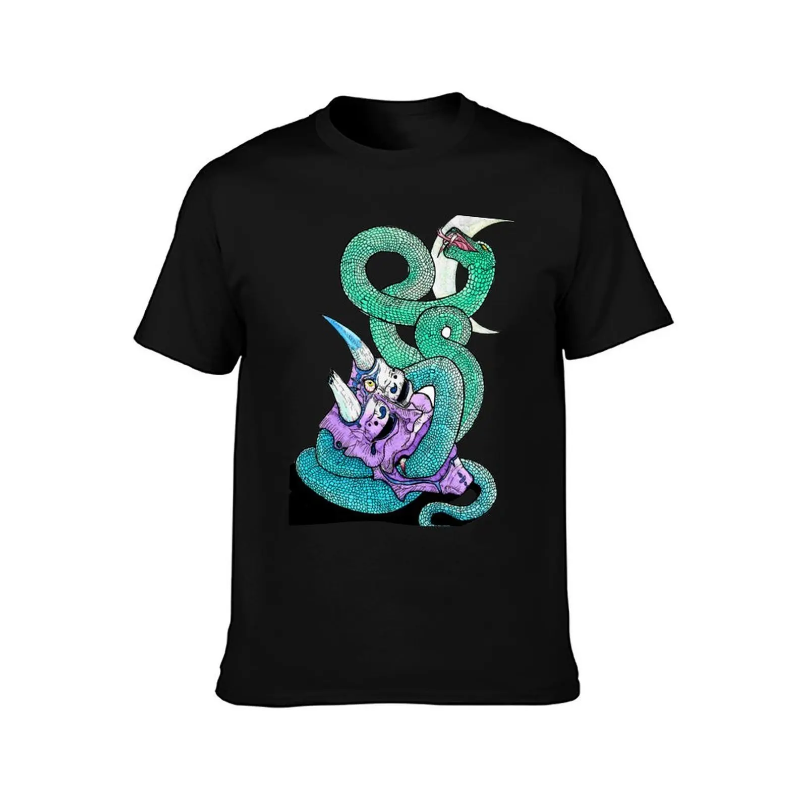 Hanma Mask & Snake T-Shirt, Summer Casual Cotton Tee, Oversized Streetwear Tops, Vintage Graphic Print, Loose Fit Short Sleeve