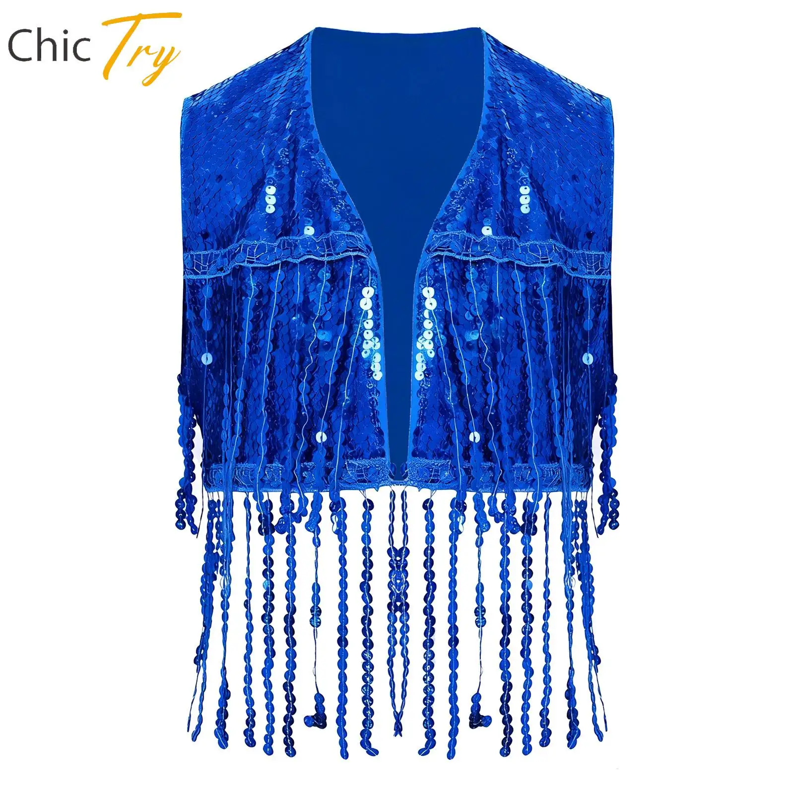 

Детский жилет с кисточками и блестками для девочек, одежда для джазовых латинских танцев, укороченный топ без рукавов с открытой передней бахромой, жилет для тематической вечеринки, наряд