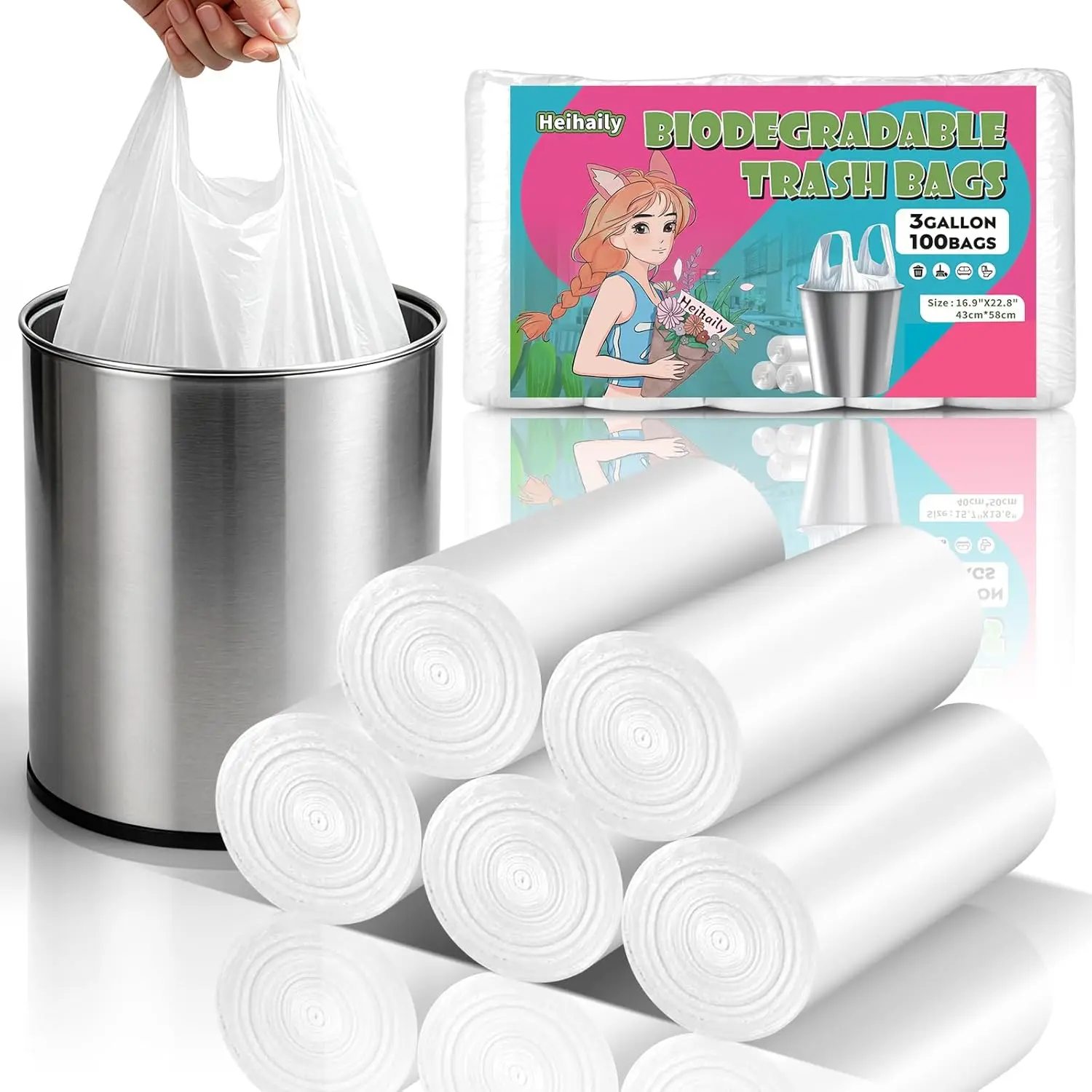 

3 Gallon Small Trash Bags with Handles, White Bathroom Garbage Bags, Biodegradable Unscented 12 Liter Mini Wastebasket Liners for Kitchen Car, Heavy Duty, 100 Count