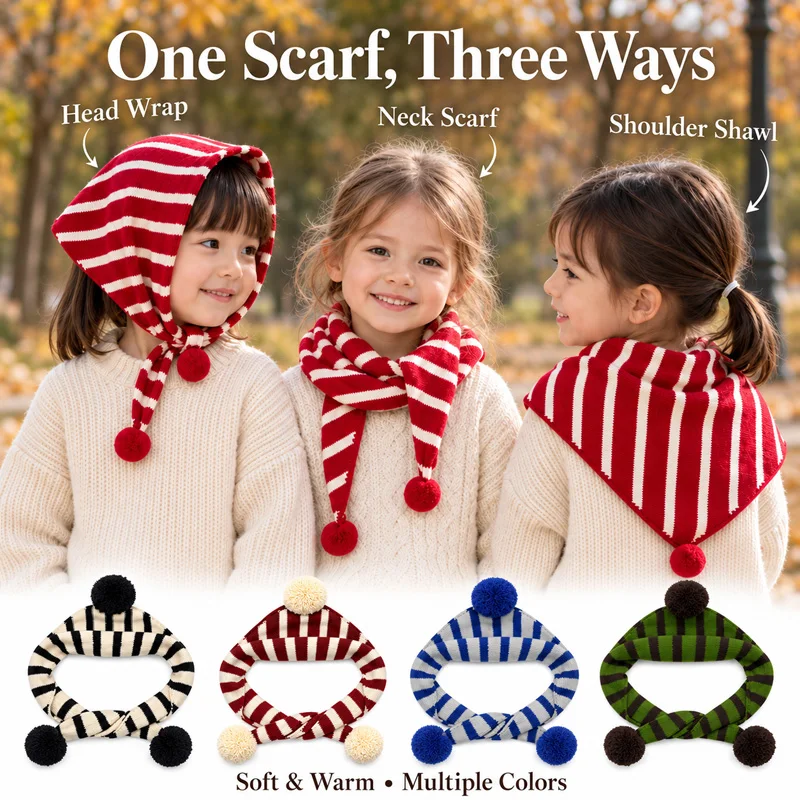 Kids Knitted Triangle Scarfs Warm Fall Winter Children Neck Warmer Striped Pom Pom Multifunctional Shawl Headscarf for Girls Boy