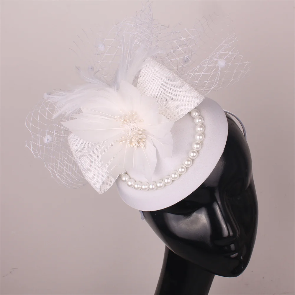 

White Fancy Feather Flower Fascinators Hat Ladies Wedding Face Veils Headwear Hair Clip Women Headpiece For Occasion Net Fedora