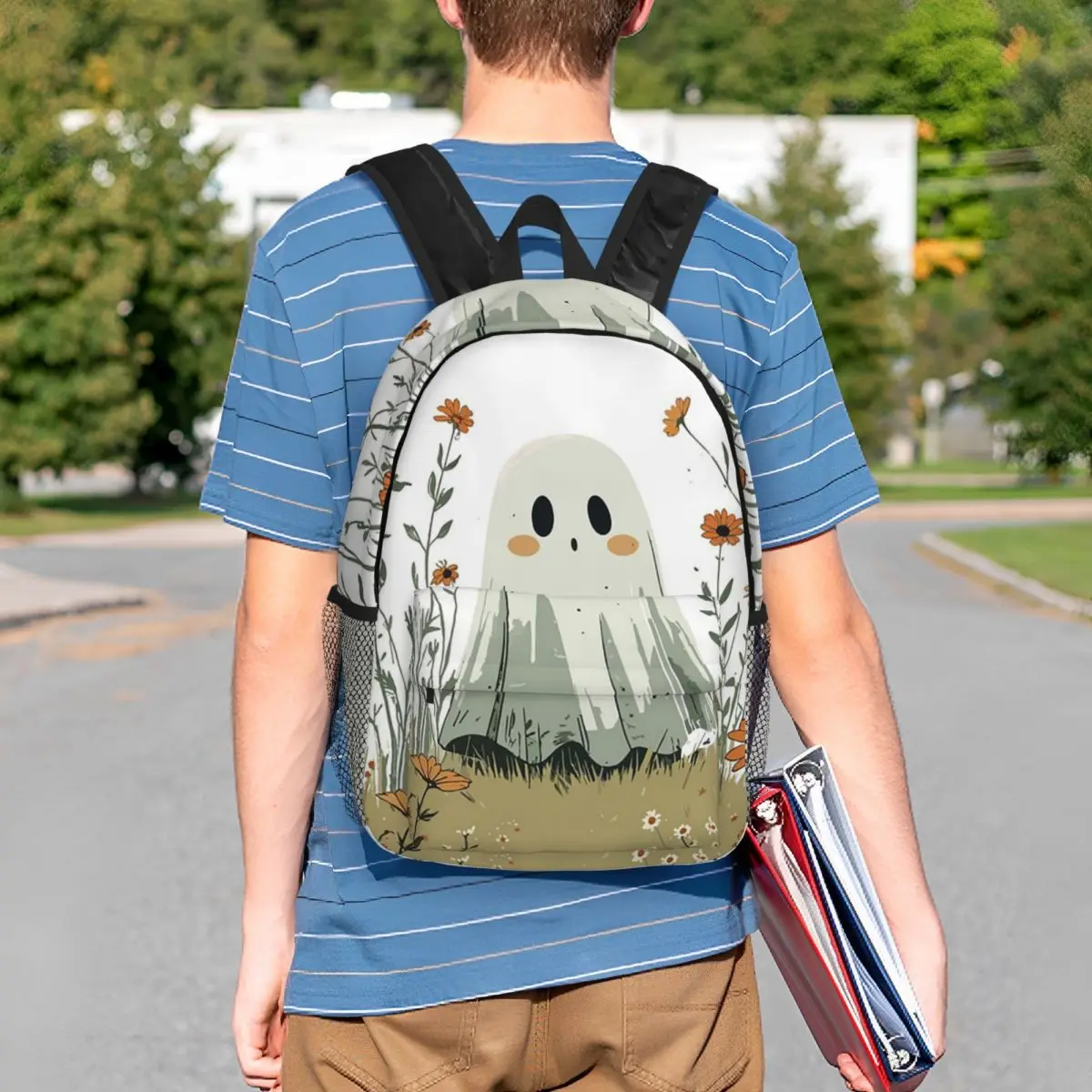 Cute Ghost Surrounded By Wild Flowers Backpack Student BookBag Kids School Bag Computer Shoulder Bags for Boys Girls