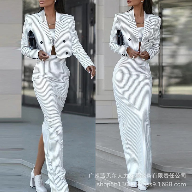 Contrast Color Casual Women 2pcs Clothes Set Long Sleeve Jacket Blazer High Waist Long Skirt