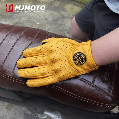 Imagen 2 del producto Guantes clásicos de cuero Retro para motocicleta, resistentes al desgaste, antideslizantes, para verano, para hombre y mujer, accesorios para bicicleta de montaña y motociclista