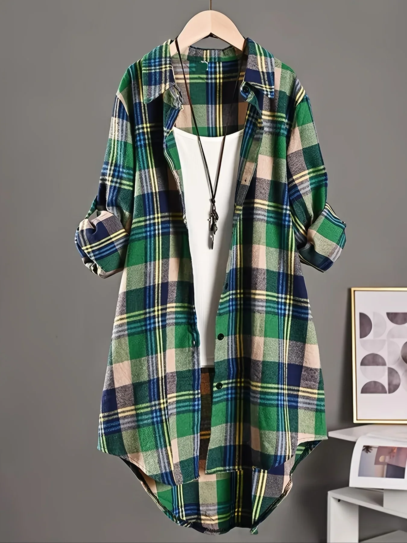 Plus Size 1XL-5XL Women's  Fashion Plaid Printed Shirt Ladies Casual Loose Long Sleeved Shirt Lapel Design Shirt Top