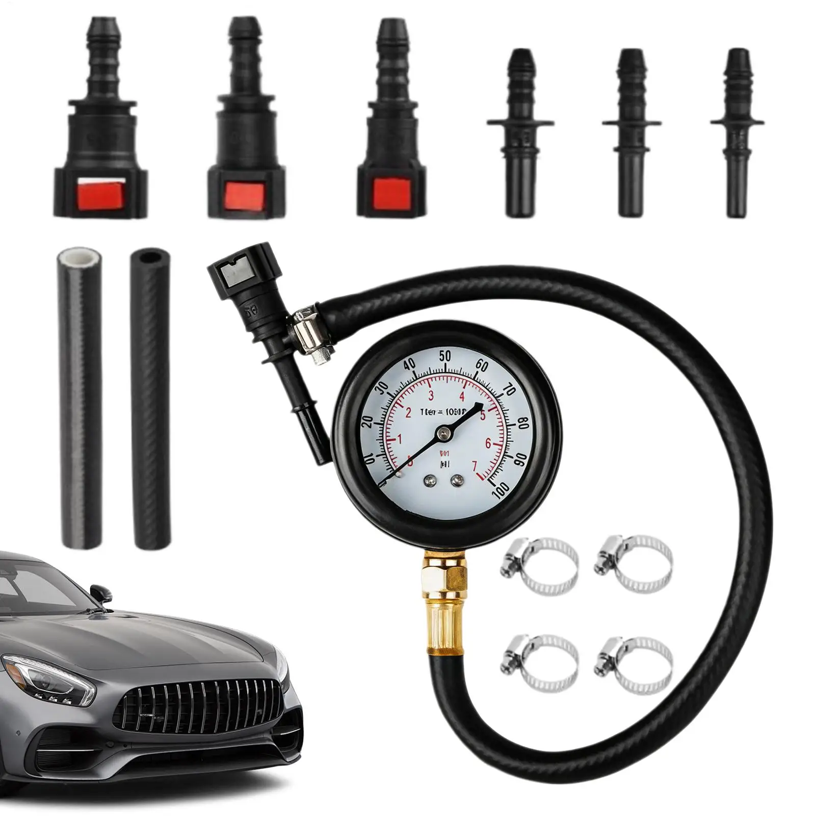 Fuel pressure tester kit with multiple adapters, 0-100 PSI pressure gauge, suitable for automotive, motorcycle, and truck