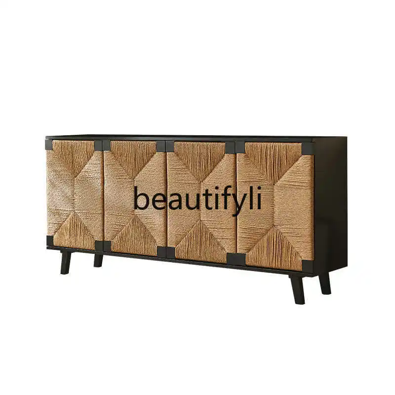 

Medieval wabi-sandy wind solid wood dining side cabinet handmade rattan entrance cabinet Nordic style simple storage locker