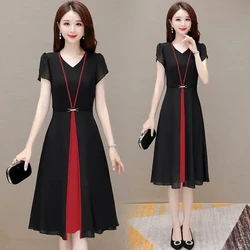 Chiffon V-neck Dress Female 2024 New Summer Fashion Atmosphere is Slim Contrast Stitching Temperament Short Sleeve Split Dress