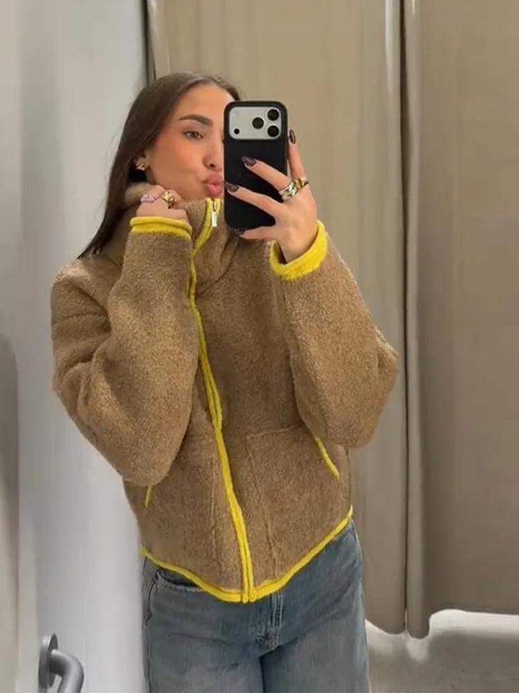 

Women's Knitted Cropped Jacket High Neck Color Block Zipper Coat Winter Outerwear Casual Oversized Sherpa Coats Fashion Outfit