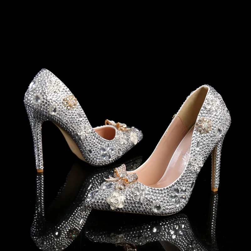 

Summer New Pointed Toe Bridal wedding shoes Silver flash diamond stiletto daily Fashion Crystal Party Dress Shoes Wedges 11cm