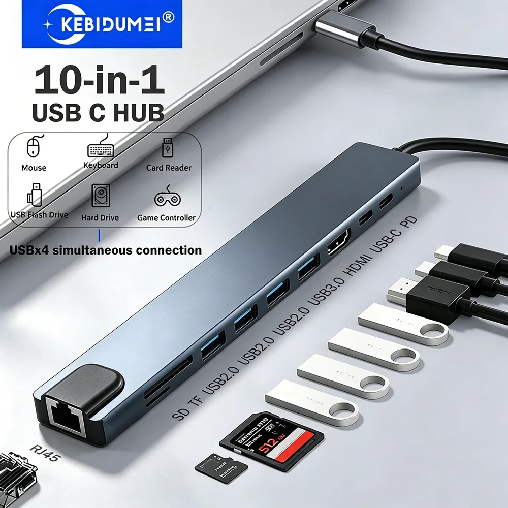 KEBIDUMEI 10-in-1 USB C Docking Station TYPE-C HUB 4K HDMI 100Mbps Ethernet PD 100W 4 USB Ports SD TF for Laptop MacBook Pro Air