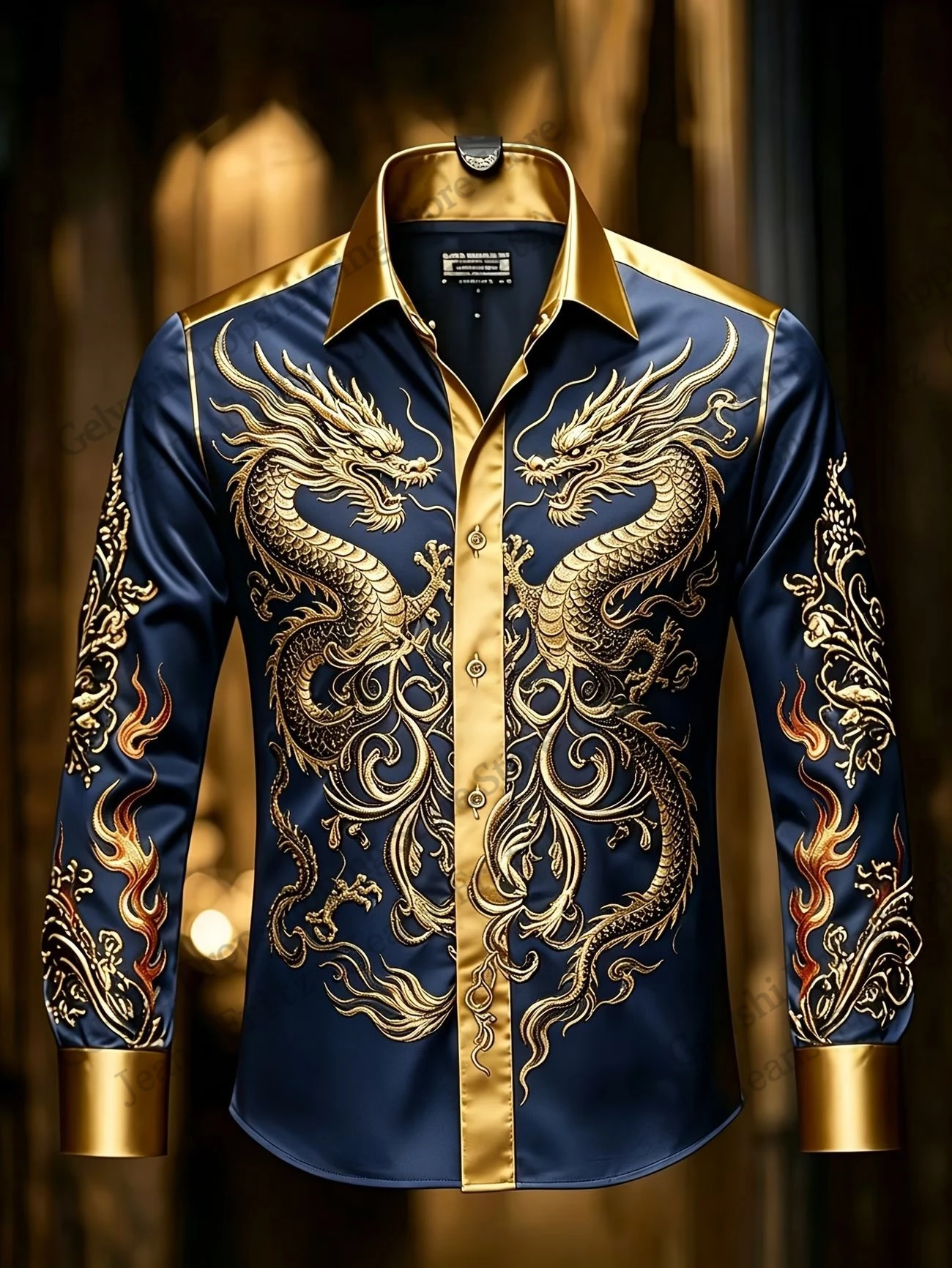 Langärmliges Luxus-Hemd mit Knöpfen, goldenes Design, chinesisches Neujahr, Drache, 3D-Druck, Hawaii-Hemd für Herren und Damen, modische Bluse mit Adler-Design