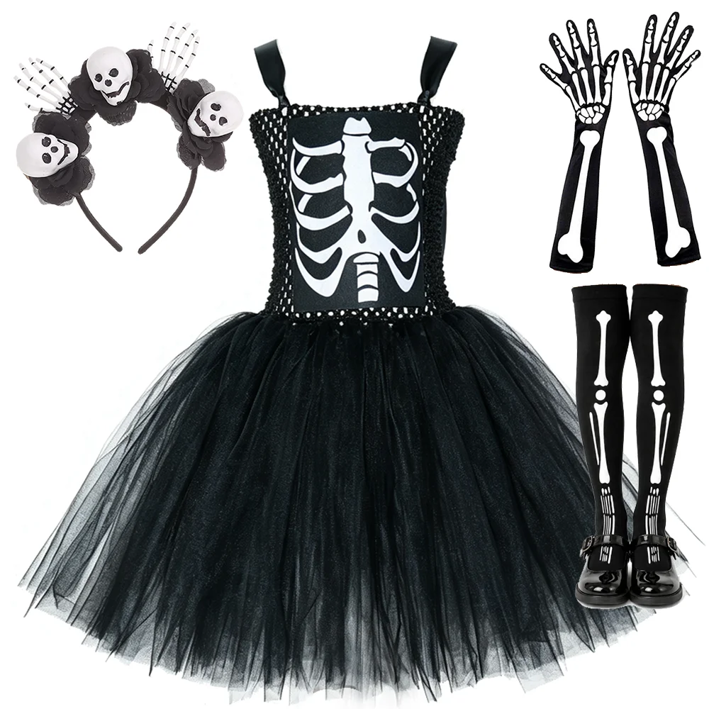 Halloween Masquerade Party Role Play Children Black Skeleton Decoration Scary Ghost Fancy Tutu Dress With Skull Headband Outfit