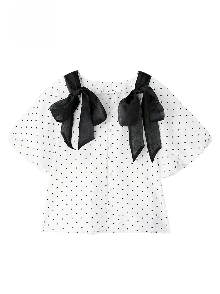 

GOFAR Polka Dot ort Sve Women's irt Summer New Bubble Sve V-ne Loose Fit Simple Sle round Ne Button up Top