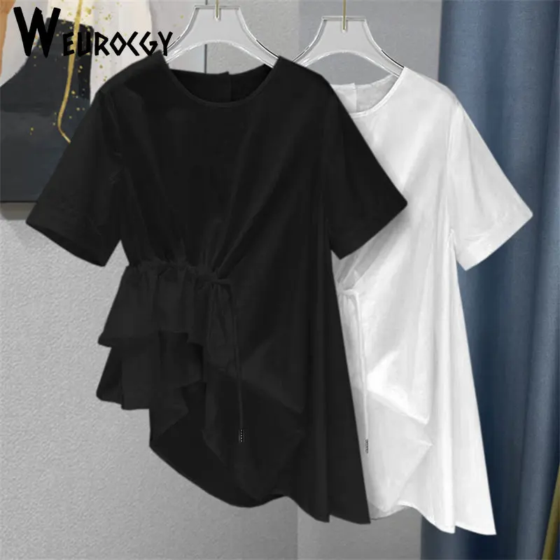 Summer Casual Slim Go Well With Everyting Pullover Hypotenuse Irregular Women Shirt Short Sleeve Reduce The Waist Commuter Wind