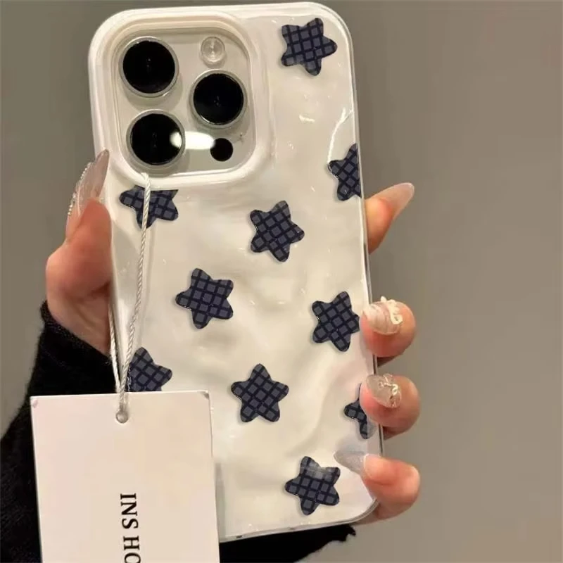 Cartoon Black Checkered Star Pattern Korean INS Phone Case for IPhone 16 15 14 13 12 11 Pro Max Plus Cute Shockproof Soft Cover - náhled 4