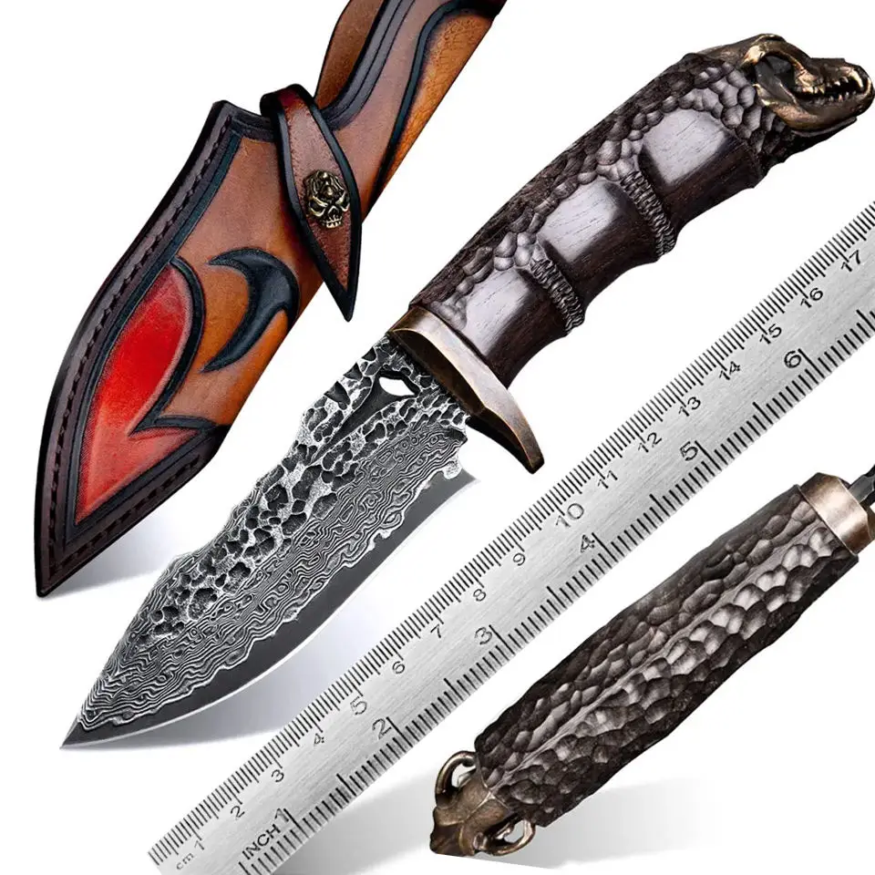

Damascus Steel Bushcraft Tool, Eboy Wood Handle, Leather Sheath, for Outdoor Adventure Wilderness Camping, Gift for Men