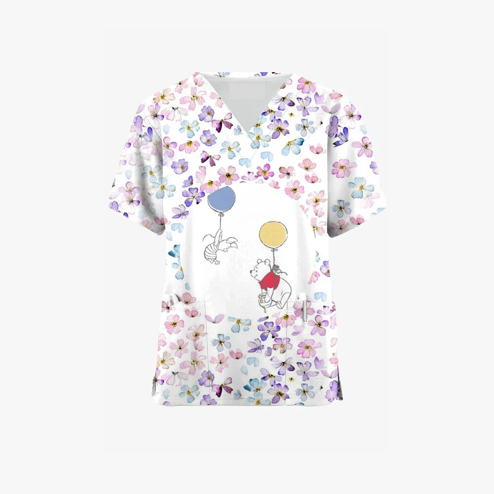 جديد فرك الطبية المرأة ملابس على شكل حرف v ديزني ويني ذا بوه الكرتون البيطرية سبا التمريض البنطال القصير المرأة الزي الطبي