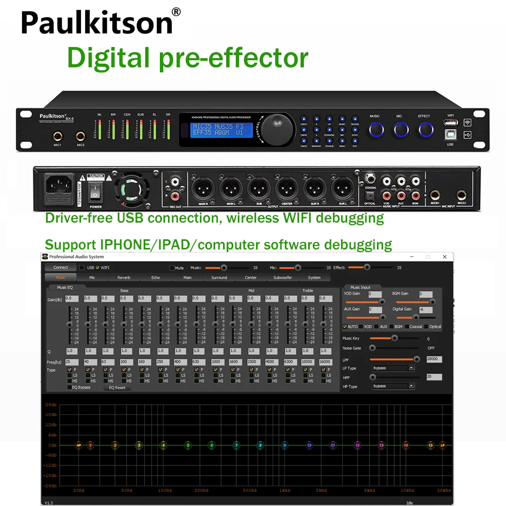 

Paulkitson BX6 Digital Audio Effects Processor DSP Audio Processor Pre-effects For Karaoke Stage Professional Speakers System