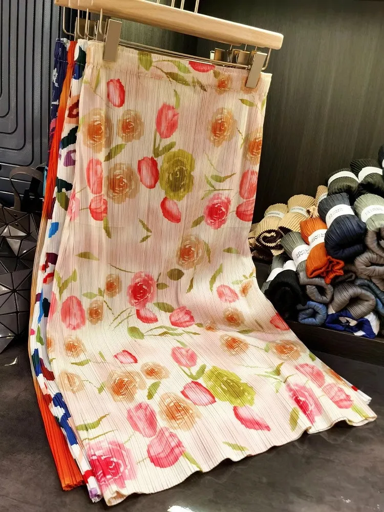 

Ele Japanese Sle Pleated Skirt Women's Summer Straight Long Skirt Slimming High Waist Floral Print Polyester Fiber