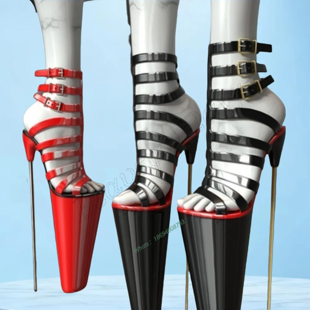 

Black Metal Heel Platform Sandals Buckle Decor Hollow Thin High Spike High Heel Shoes Sexy Women Shoes New Zapatos Para Mujere