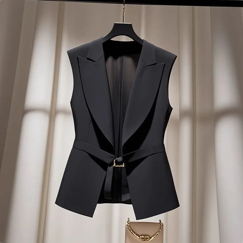 Autumn New Fashion Minimalism Suit Vest Women's Notched Collar Sleeveless Jacket Office Lady Solid Slim Blazer Coat With Belt