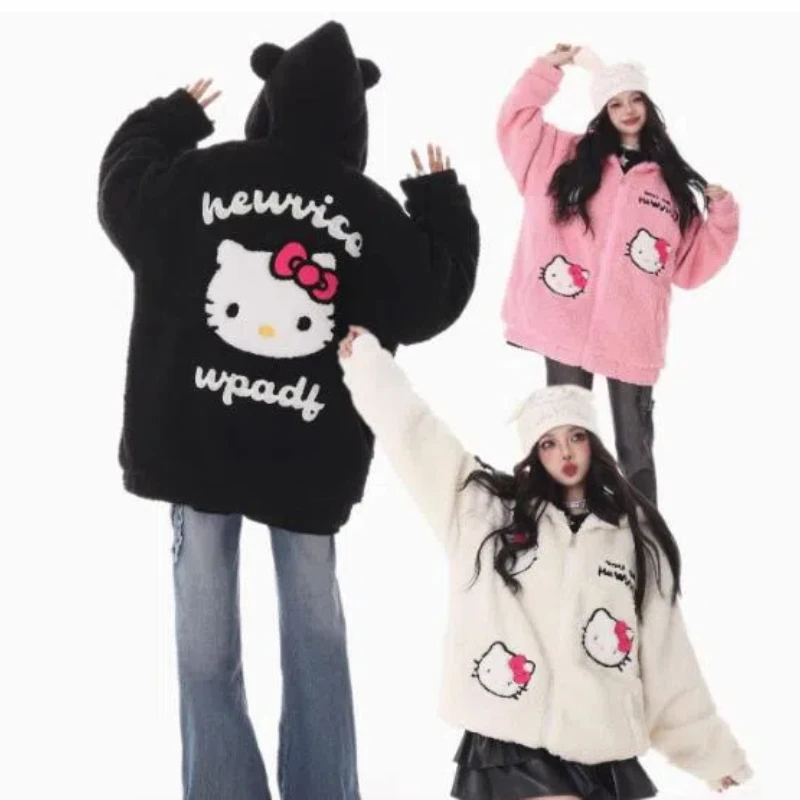 

Новинка осенне-зимнее флисовое Свободное пальто Sanrio с капюшоном и рисунком кошки Hello Kitty, новинка, плюшевый подарок