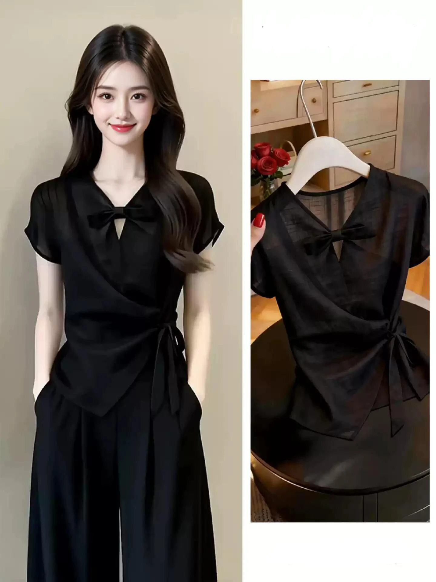 

Black Belted Short Sleeve Women's Shirt Design Sensation Commute Style Small Crowd Waist Cinching Top Summer Fashion
