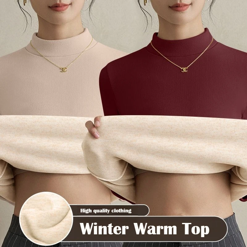 T-shirt thermique chauffant pour femme, automne-hiver, à manches longues, col semi-montant, avec base en velours, pull chaud, sous-vêtement