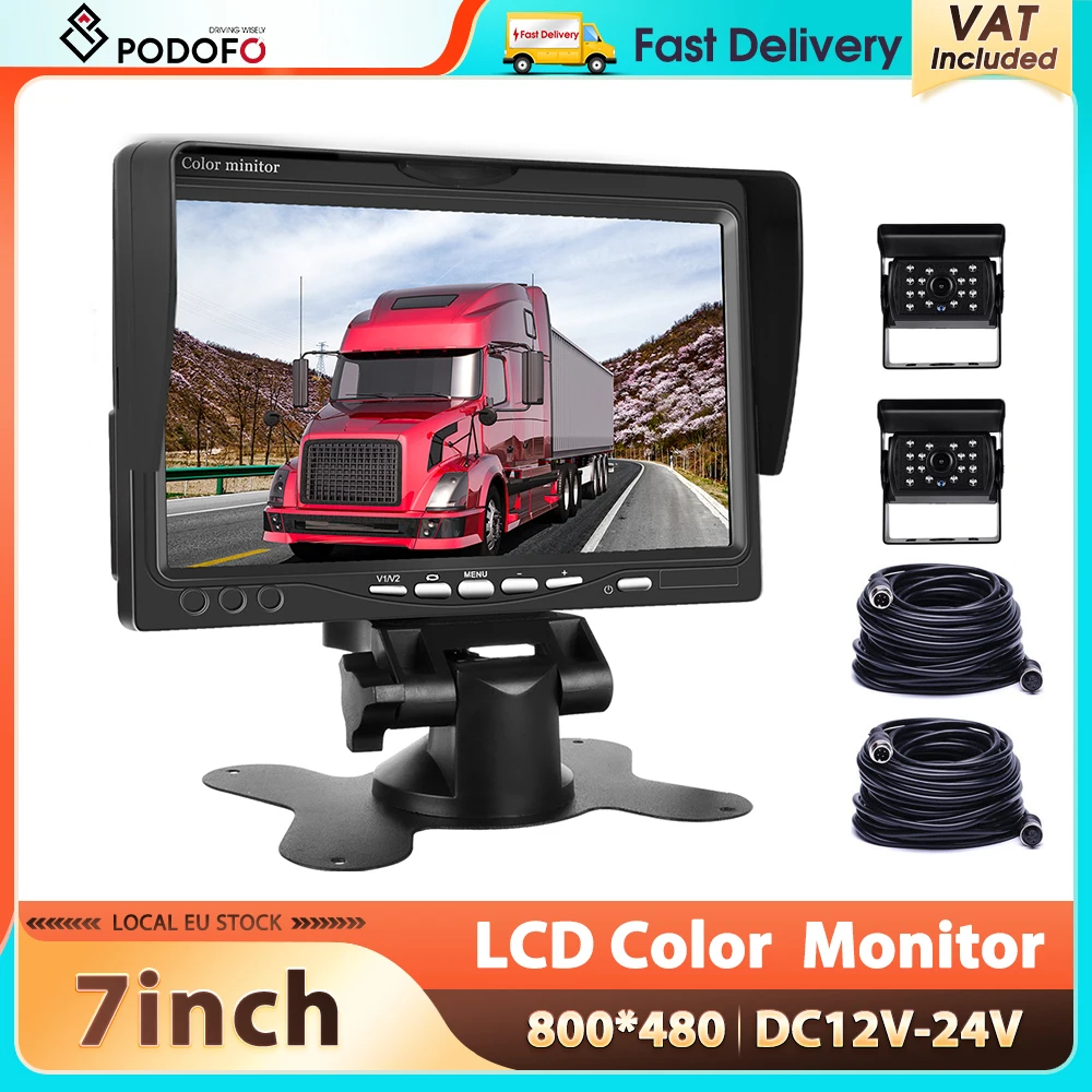 Monitor per Auto Podofo 7'' 12V/24V con Display Cablato e Linee Guida, Monitor di Retromarcia con Telecamera per Auto, Camion, Bus, Furgone