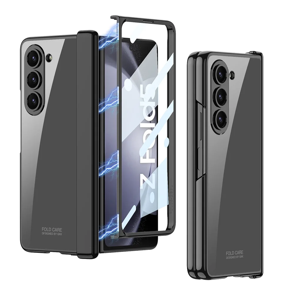 Magnetic Hinge Plating Transparent Case For Samsung Galaxy Z Fold 5 Fold5 Case Slim Shockproof Protective Cover with Glass Film