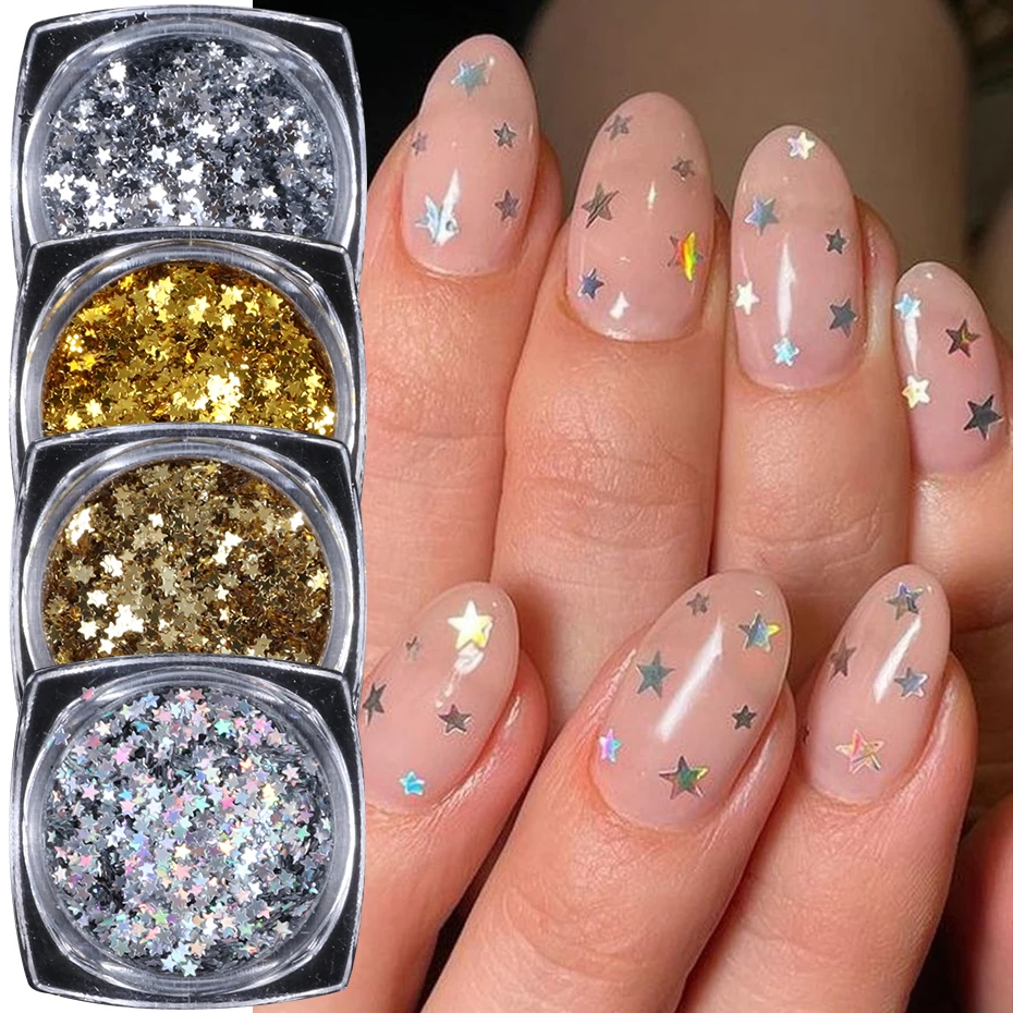 4 Colors Laser Silver Gold Star Nail Sequins Holographic Mini Pentagram Flakes Slices Spangles Manicure Decoration Accessories