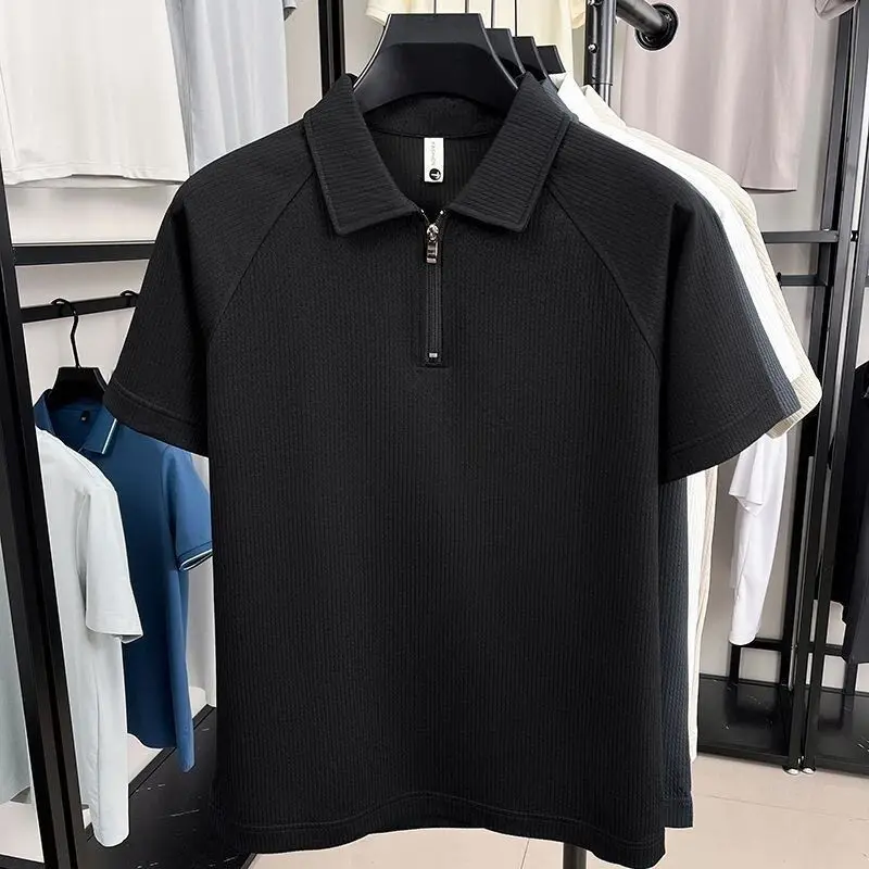 Hong Kong Style Men's  Shirt Half Zipper Short Sleeve Turn-down Collar Texture Summer T-shirt Bright Thread/Bead Non-fading